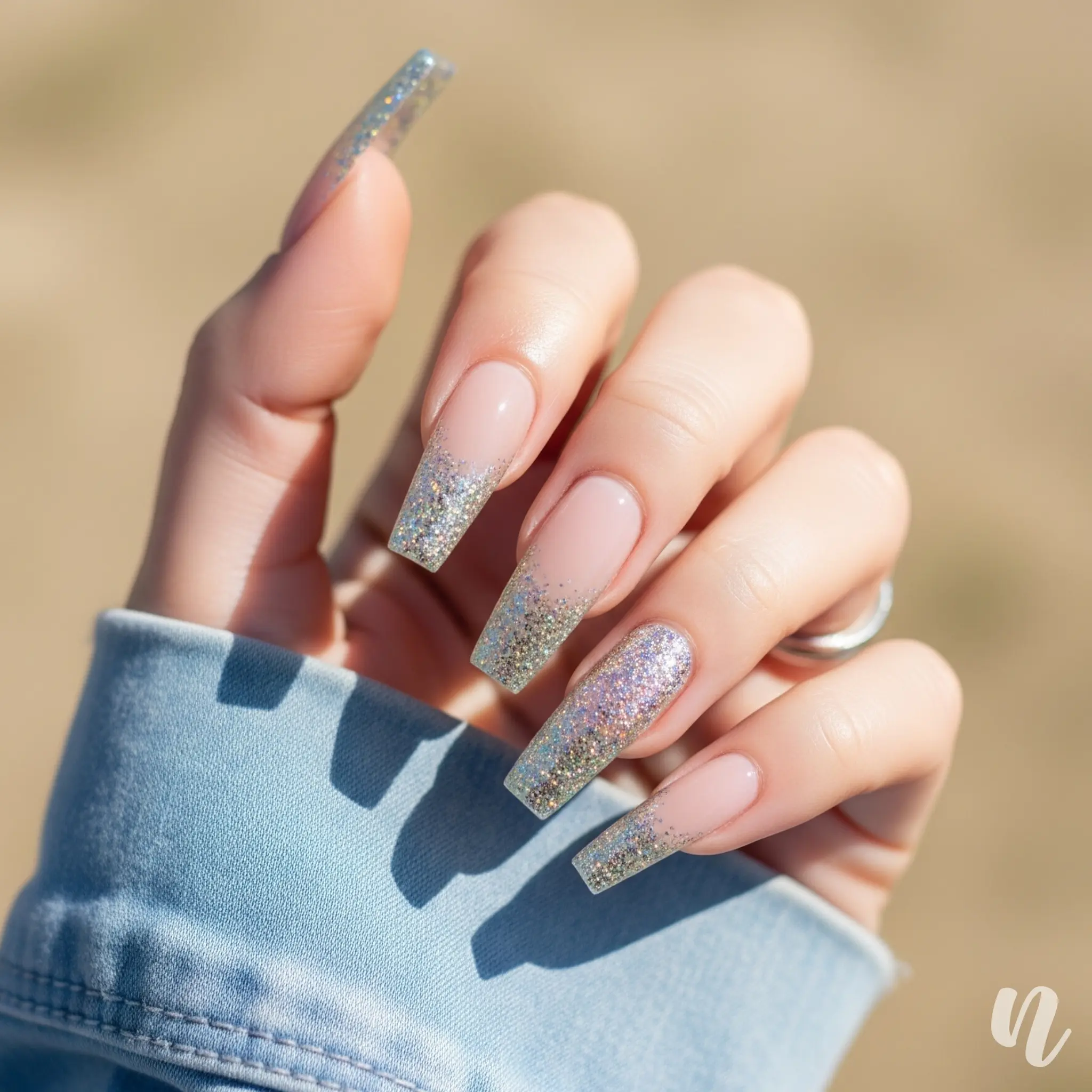 Coffin Nails with Glitter Tips