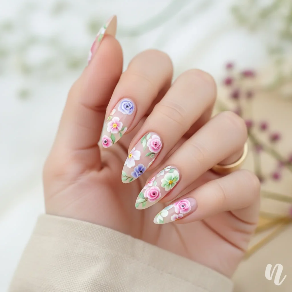 Almond Shape Nails with Floral Art