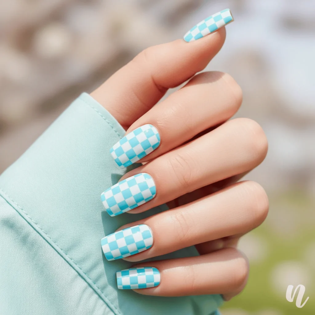 Baby Blue Checkered Nails