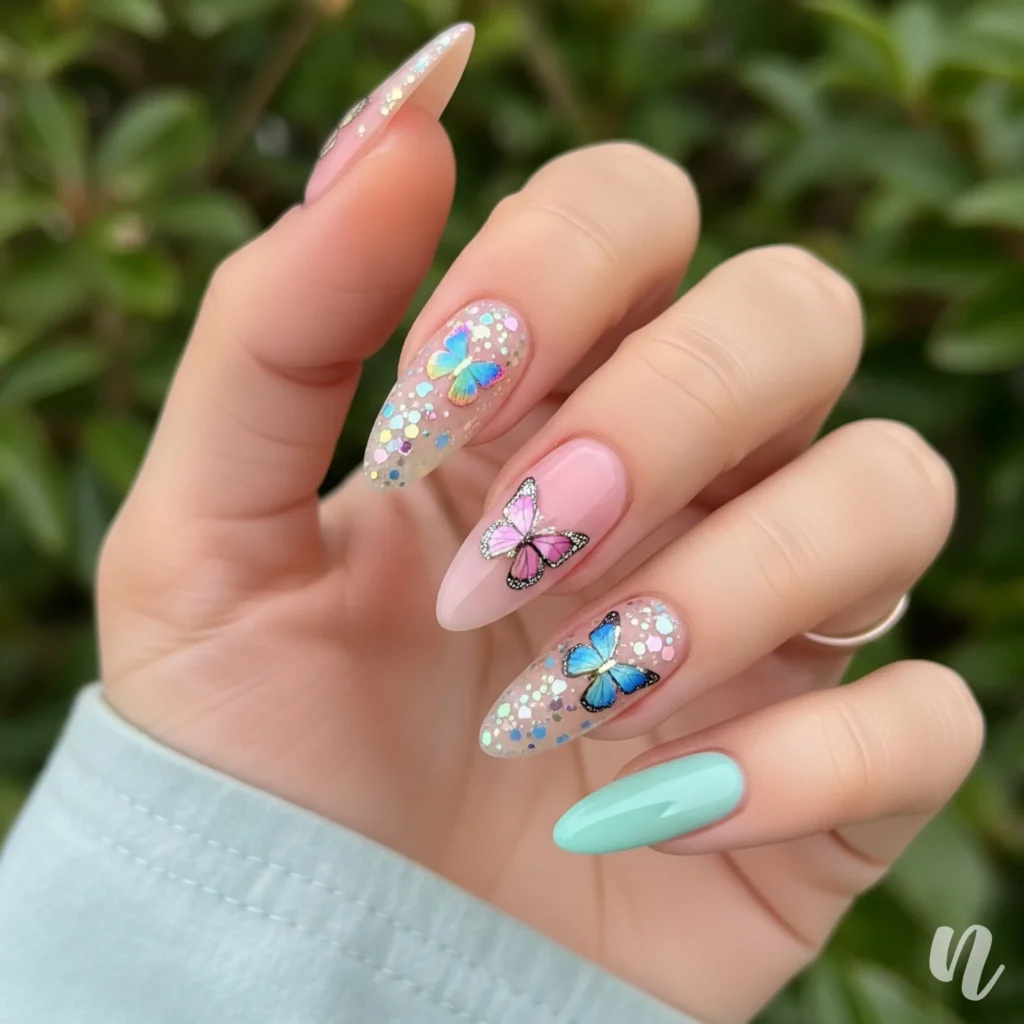 Butterfly Glitter Almond Nails