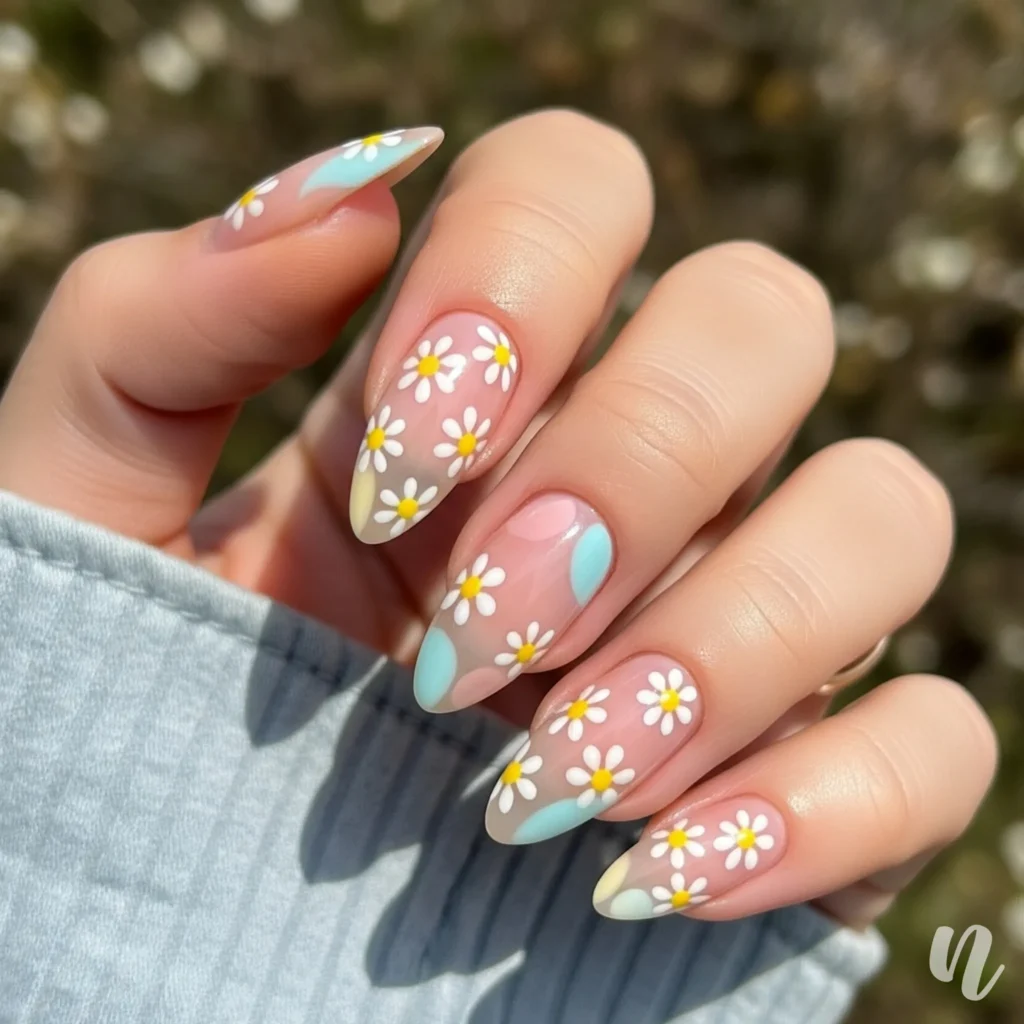 Daisy Accent Almond Nails