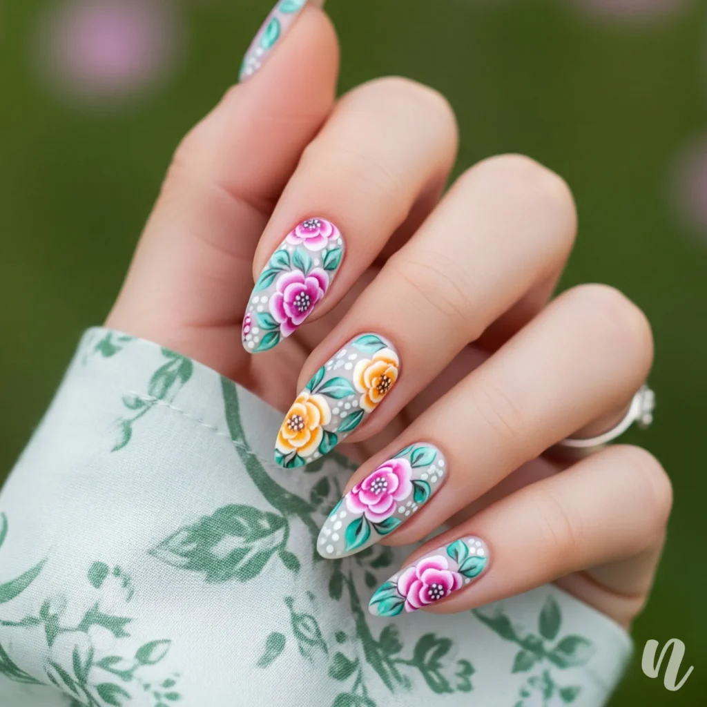 Floral Art Almond Nails
