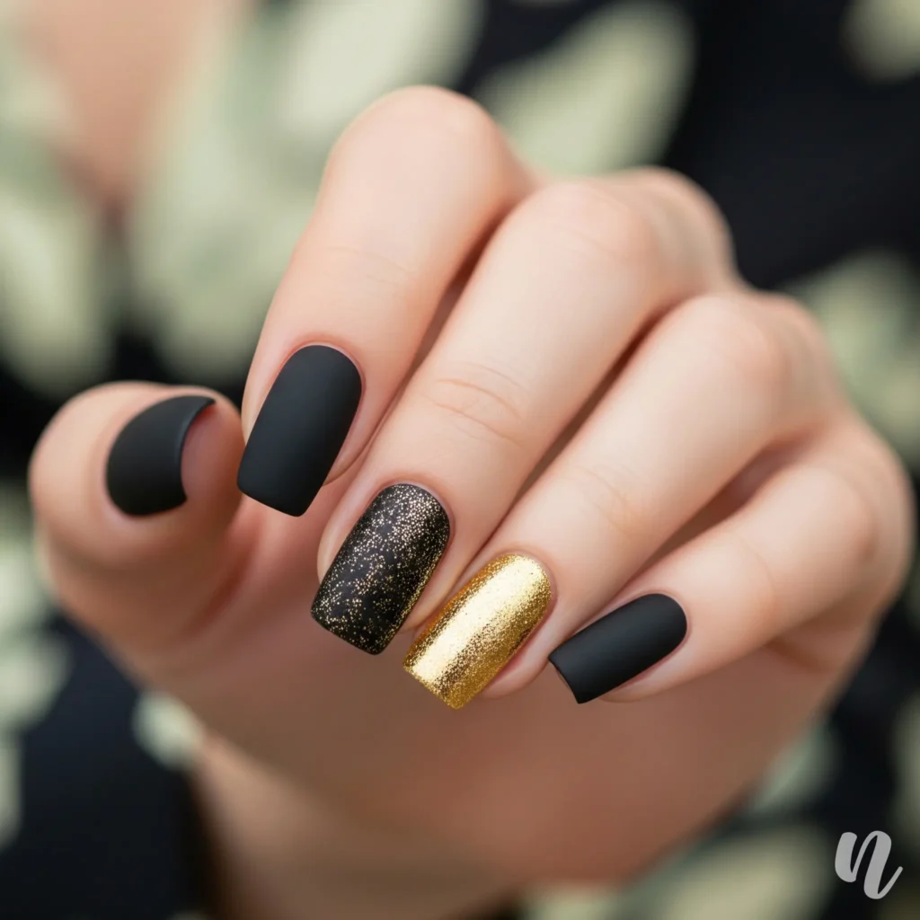Glamorous Black and Gold Nails