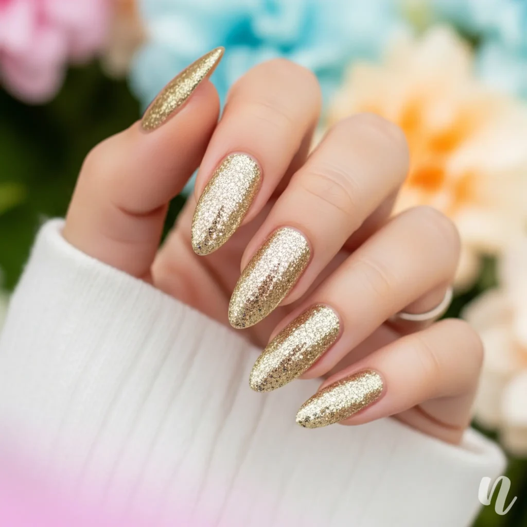 Glittery Gold Almond Nails
