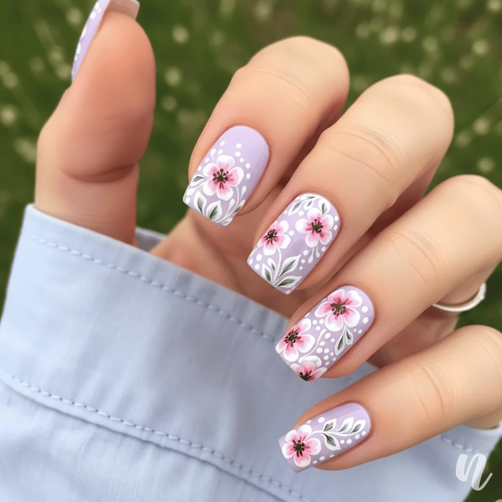 Lilac Milk Floral Nails