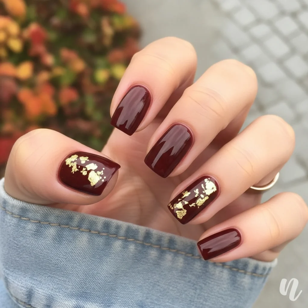 Maroon and Gold Flake Nails