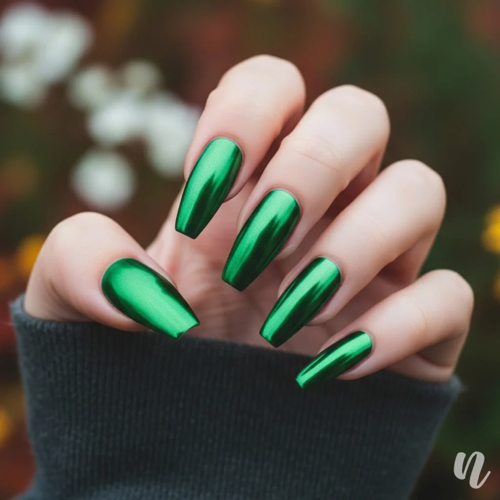 Metallic Green Coffin Nails