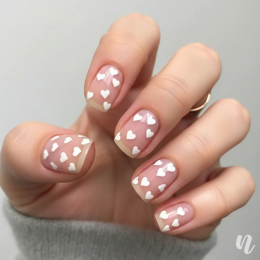 Minimalist White Heart Nails