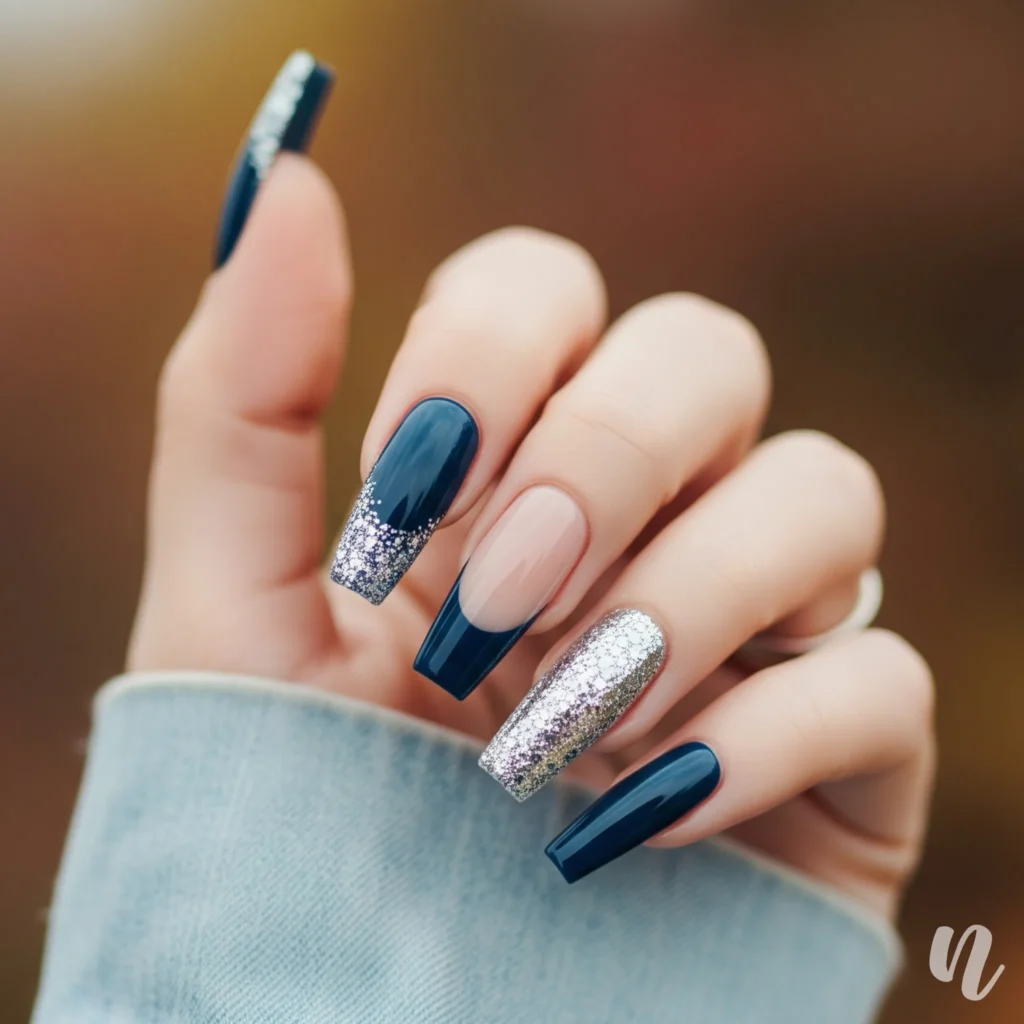 Navy and Silver Glitter Nails