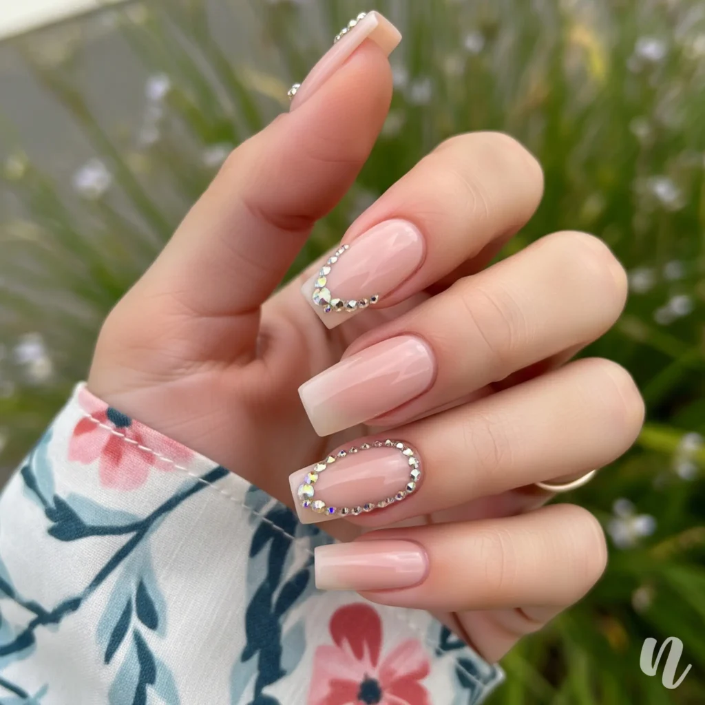 Nude Square Nails with Rhinestones