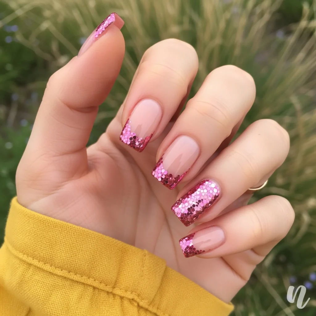 Pink Glitter Tips Nails