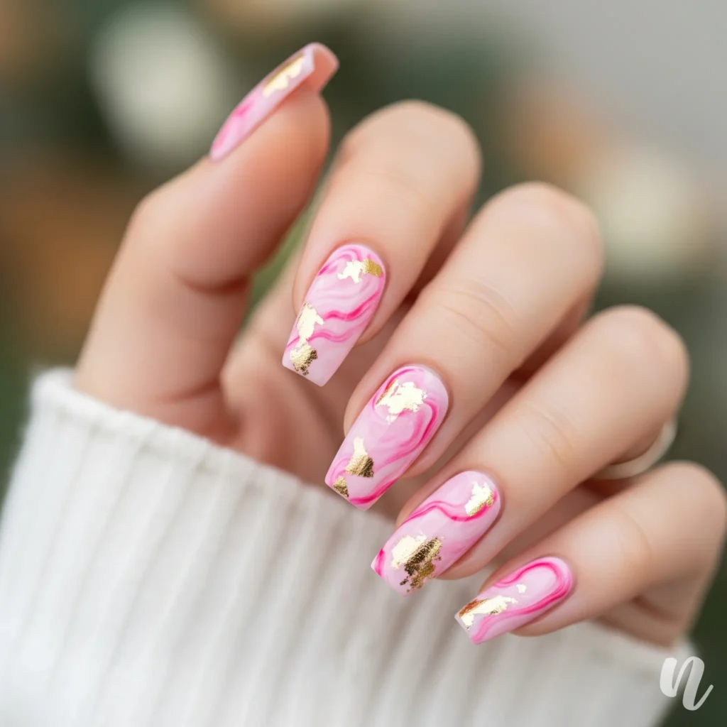 Pink Marble Valentine Nails