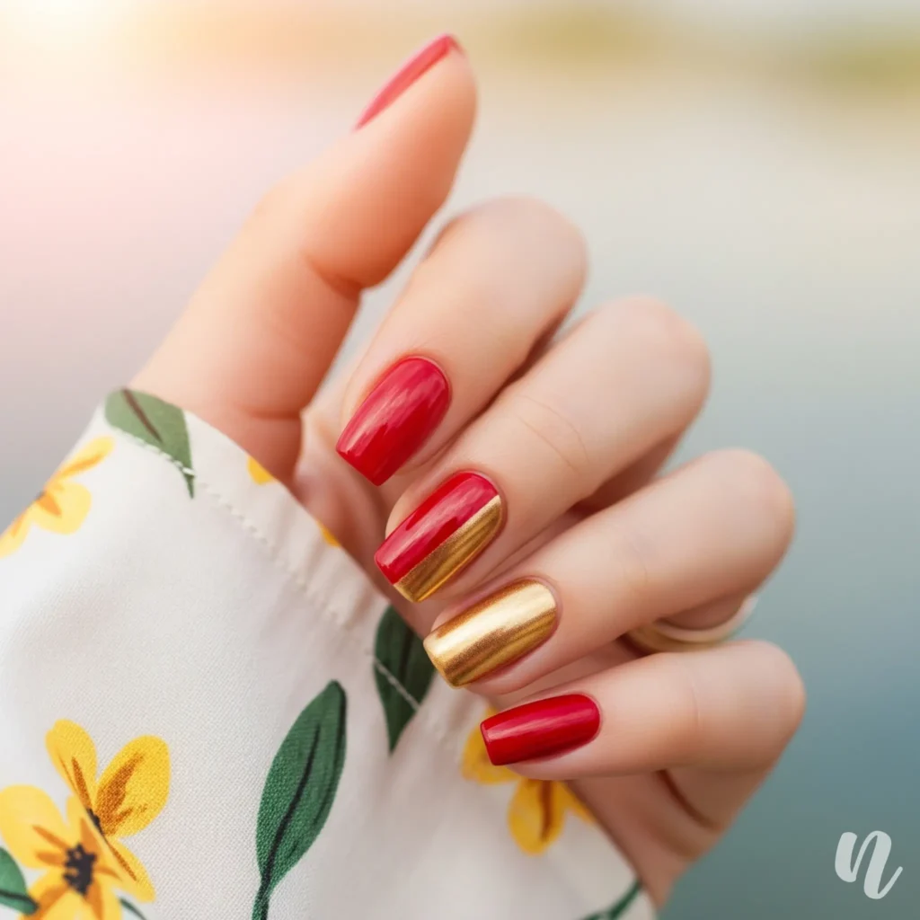 Red and Gold Combo Nails