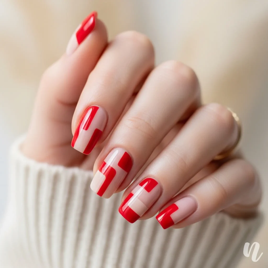 Red and Nude Color Block Nails