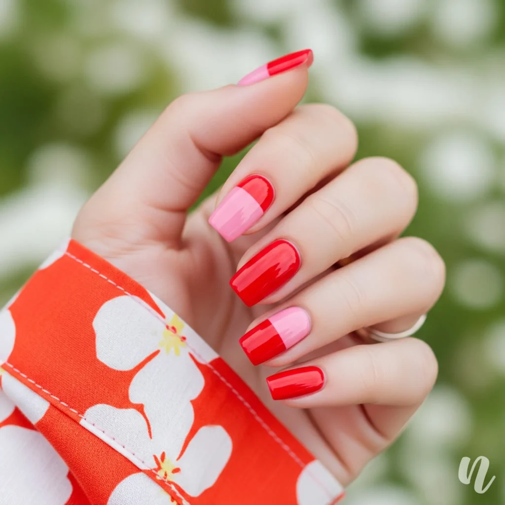 Red and Pink Color Block Nails