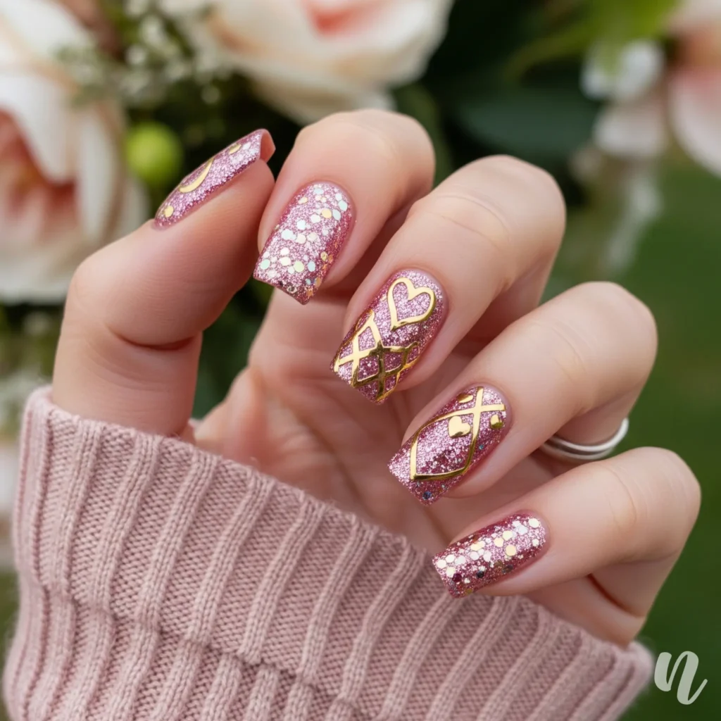 Shimmer Pink & Gold Valentine Nails