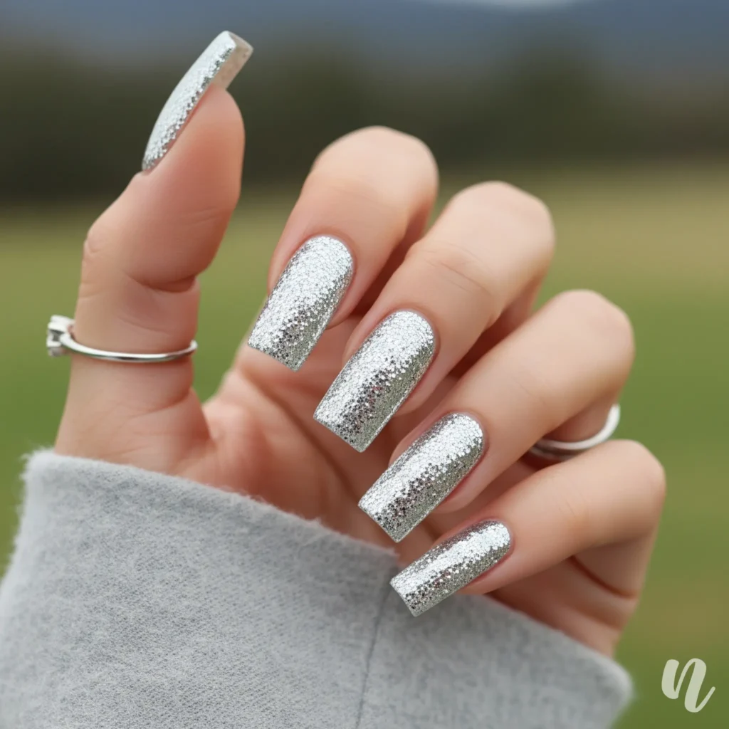 Silver Glitter Square Nails
