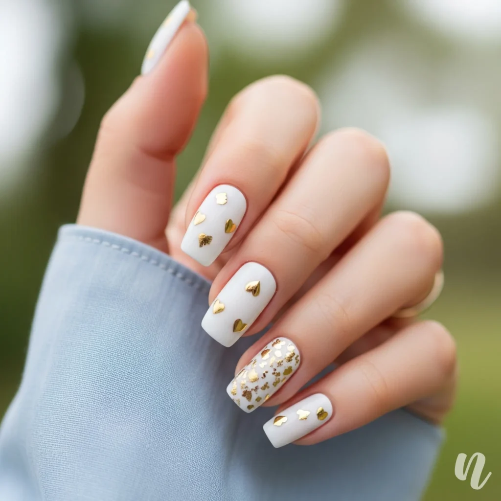 White & Gold Valentine Nails
