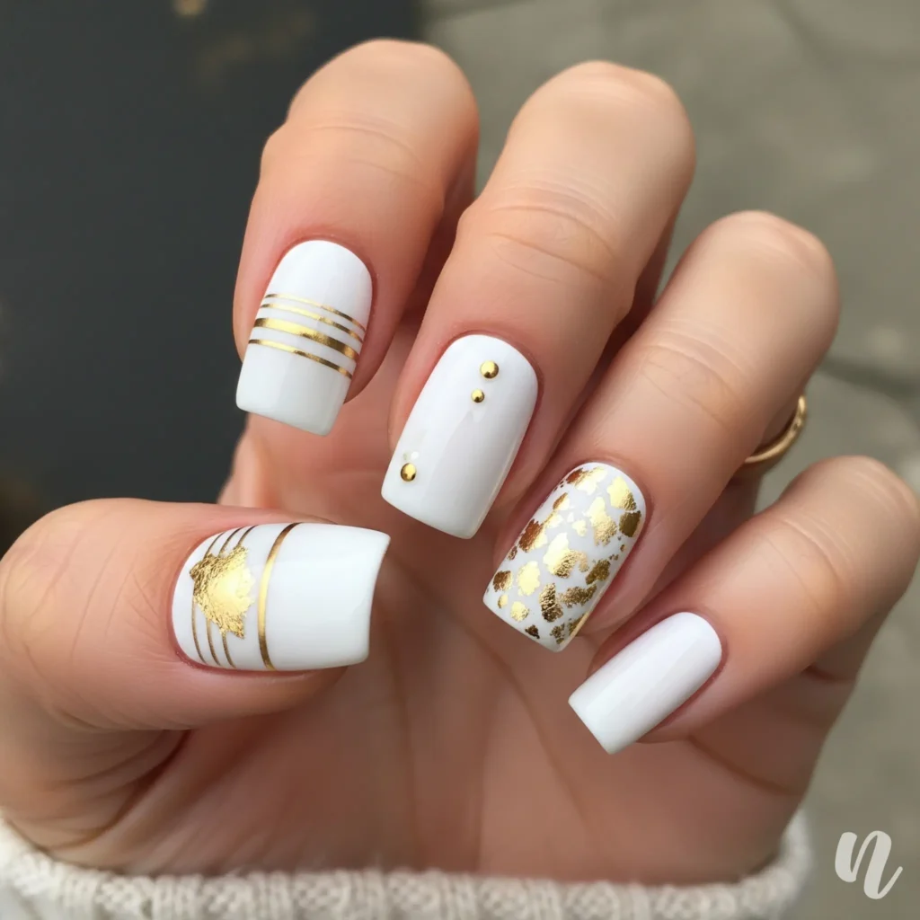 White Square Nails with Gold Accents